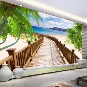 Tranh Dán Tường Khổ Lớn Hình Cầu Gỗ Nhìn Ra Bãi Biển